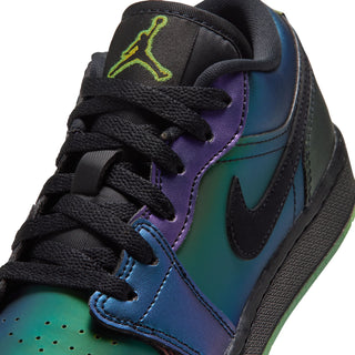 Youth AJ 1 Low SE lace-up upper close-up with black laces and blue stitching