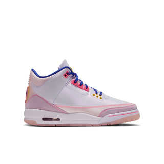 Youth retro sneakers, white upper with light pink trim and blue collar, lace-up