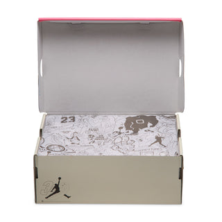 Open shoe box with Jumpman-style graphic and doodle-lined interior