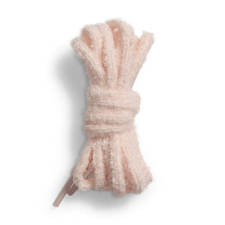 Light pink fuzzy leg warmer with ridged knit and tie strap