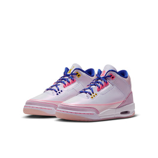 Youth retro sneakers pair, white with pink midlines and blue accents, lace-up