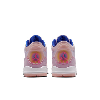 Youth retro sneakers heel view, white leather with blue back and light pink logo