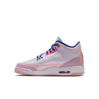 Youth retro sneakers side profile, white upper with pink trim and blue accents