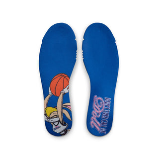 Youth sneakers with blue soles and basketball graphic on insoles