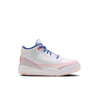 Kids' high-top sneaker in light gray with pink stitching, blue laces, and a white sole