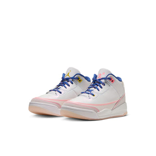 Pair of kids' light gray high-top sneakers with blue laces and pink accents