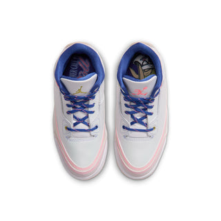Top view of kids' high-top sneakers with blue laces, pink trim, and logo details