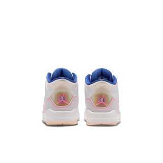 Rear view of kids' high-top sneakers with pink heel logos and blue collars