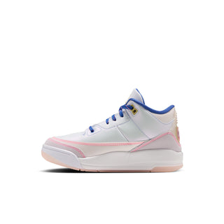 Side view of a kids' light gray high-top sneaker with pink stitching and blue laces