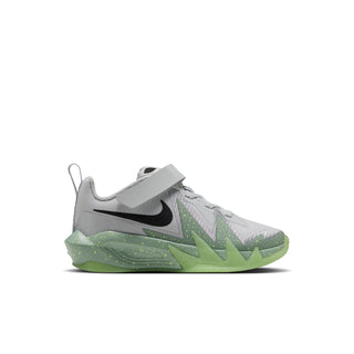 Kids light-gray sneaker with neon-green sole and black Nike Swoosh, side view