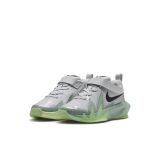 Kids light-gray sneaker with neon-green outsole, angled side view, lace-up
