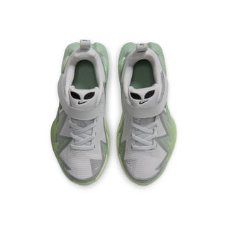 Kids light-gray sneaker with neon-green details, top view showing laces and toe