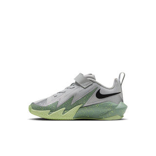 Kids light-gray lace-up sneaker with neon-green accents and black Swoosh, side