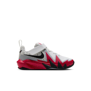 Kids' basketball shoes in white with black swoosh, red accents, and lace-up front