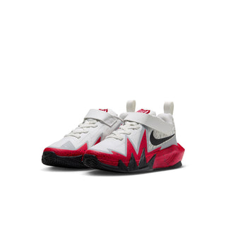 Pair of kids' basketball shoes in white with black and red swoosh styling