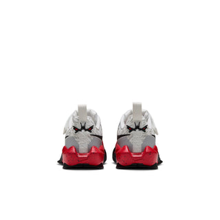 Pair of kids' basketball shoes from back with red heel panels and white uppers