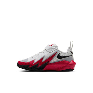 Kids' basketball shoe side view in white with black swoosh and red midsole