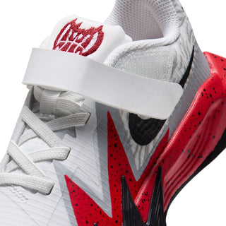 Kids' basketball shoe upper in white with black and red swoosh and laces