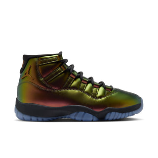 Women’s mid-top sneakers with metallic gold-green leather, black laces, cushioned sole.