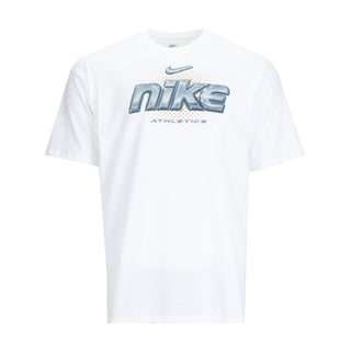 White men's crewneck graphic tee with metallic Nike logo on front