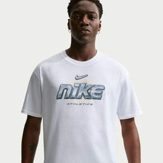 White short-sleeve tee with metallic Nike Athletics logo across chest