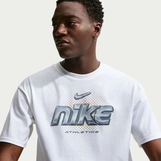 White crewneck tee with metallic Nike and Athletics graphic on chest