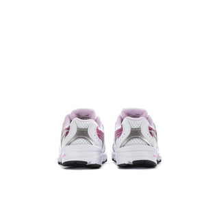 Toddler sneakers heel view, white and pink with black outsole tips