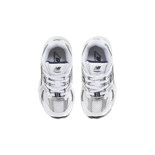 Toddler New Balance sneakers, white with navy accents, lace-up, two shoes front view