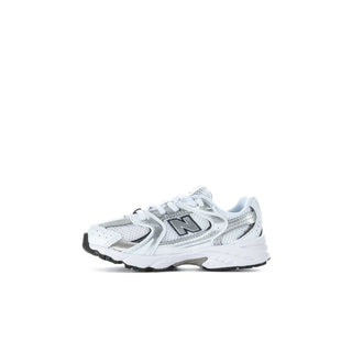 Toddler New Balance sneakers, white mesh-look upper with navy N logo, lace-up