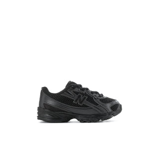 Toddler black sneakers front side view, lace-up closure with dark logo and traction sole