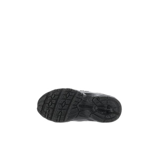Toddler black sneakers with textured rubber outsole tread and patterned grip bottom