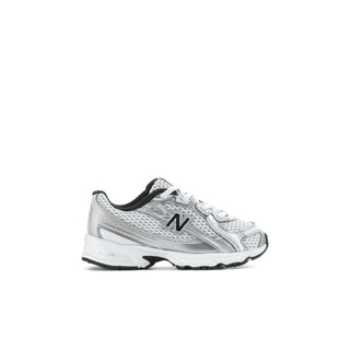 Toddler silver metallic N-logo sneakers with black laces and cushioned tongue
