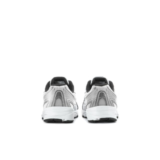 Toddler sneakers rear view with white midsole, black collar, and lace-up design