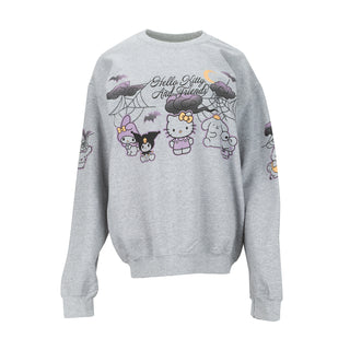 Women’s heather grey crew sweatshirt with Hello Kitty spooky friends graphic on front