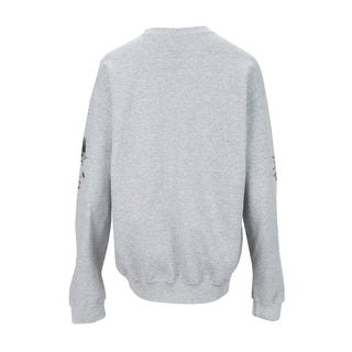 Women’s heather grey crew sweatshirt, plain back with small character print on sleeves