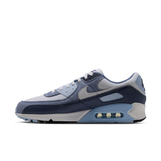 Men's Air Max 90 sneakers in light blue and navy with side stripe and air pod