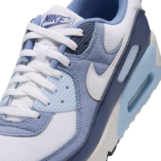 Men's Air Max 90 upper close-up in light blue mesh with white lace eyelets