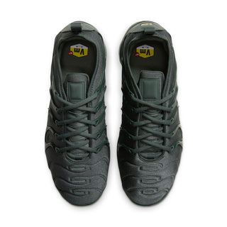 Men's Air VaporMax Plus sneakers, front view with lace-up upper and textured dark green/black