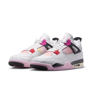 Men's sneakers, side view: white leather with pink and red panels, black overlays, Air sole