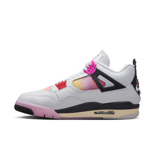 Men's sneakers, side profile: white upper with pink and red detailing, black midfoot overlay