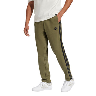 Men's olive fleece pants with black three-stripe side panels and small logo