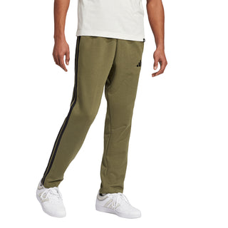 Men's olive fleece track pants with black side stripes and cuffed hem