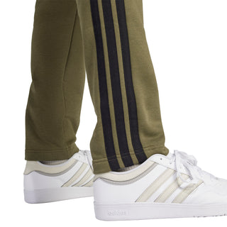 Men's olive fleece pants with black three-stripe side detailing at hem