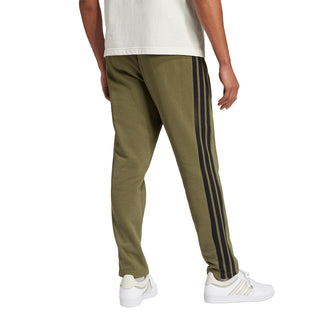 Men's olive fleece pants with black three stripes along outer leg