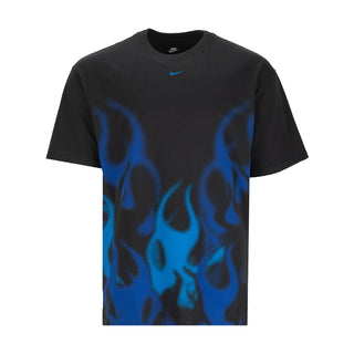 Men's black crew-neck tee with blue flame graphic and Nike swoosh