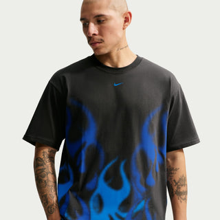 Men's black crew-neck tee with blue graphic front and Nike swoosh