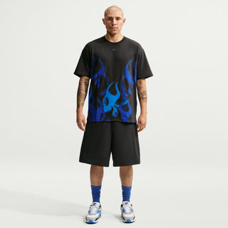 Men's black crew-neck tee with blue flame graphic and Nike swoosh