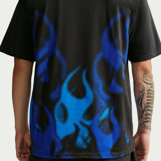 Men's black crew-neck tee with large blue flame-style print