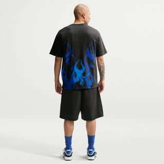 Men's black crew-neck tee with blue flame graphic on back