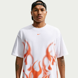 Men's white graphic crew-neck tee with orange flame print and orange swoosh